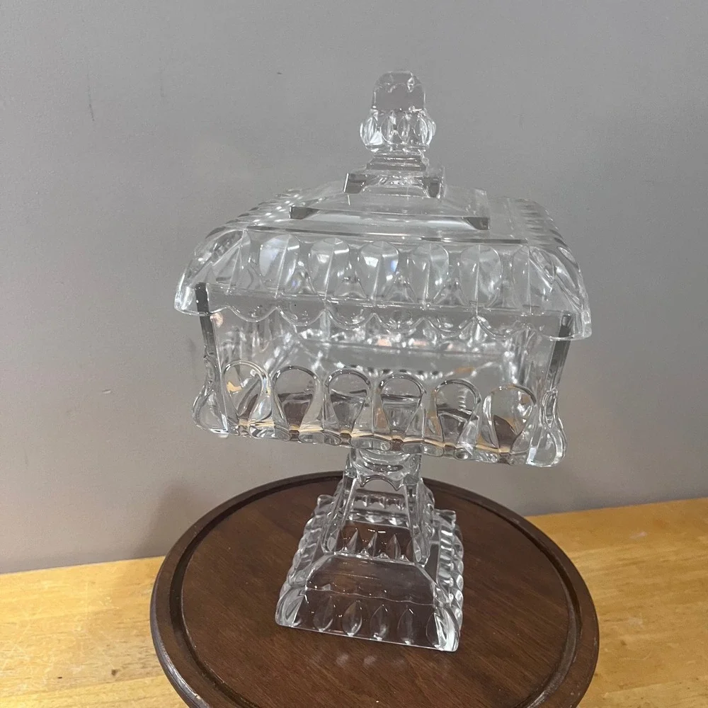 Vtg Adams & Co 1890s EAPG Crystal Wedding Box Victorian Clear Glass Lid Pedestal